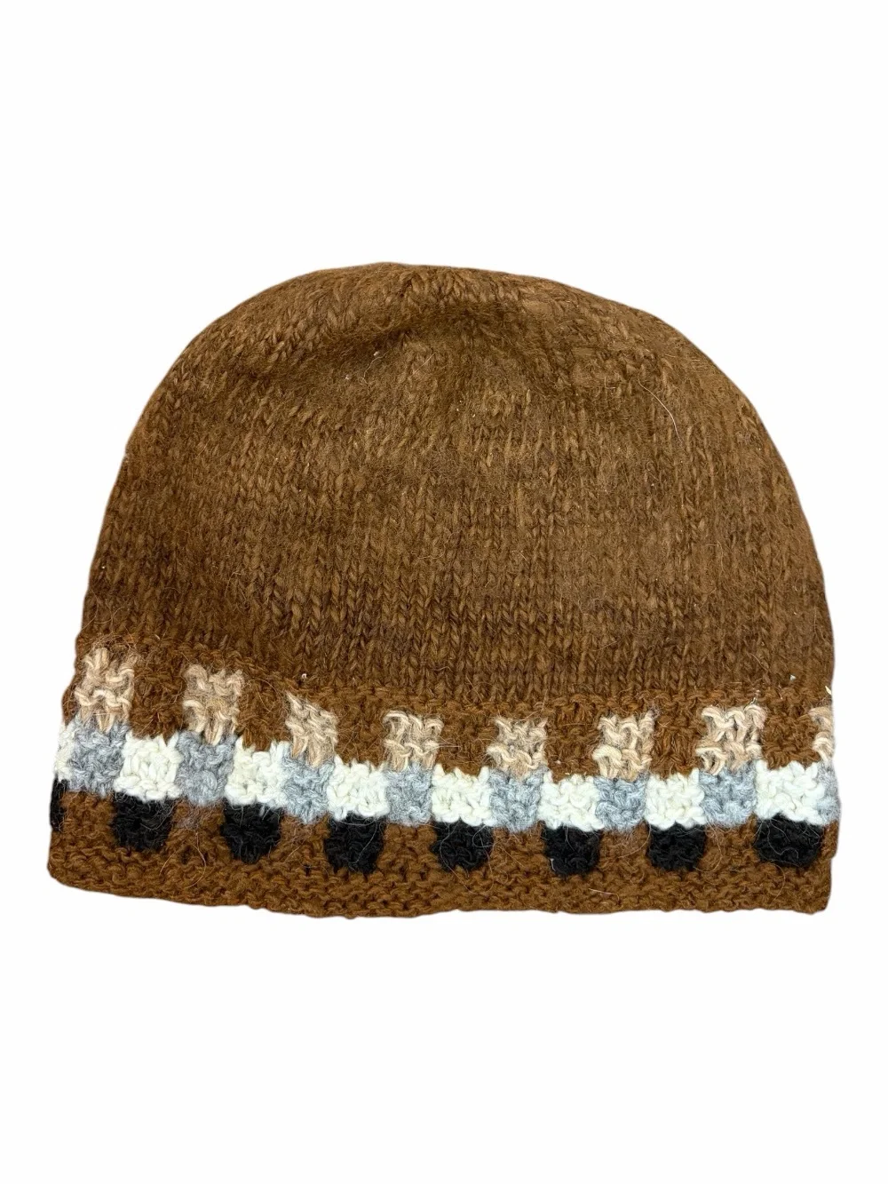 Down To Earth 100% Alpaca Hat Beanie Brown w/ White Black Grey Oatmeal Geometric